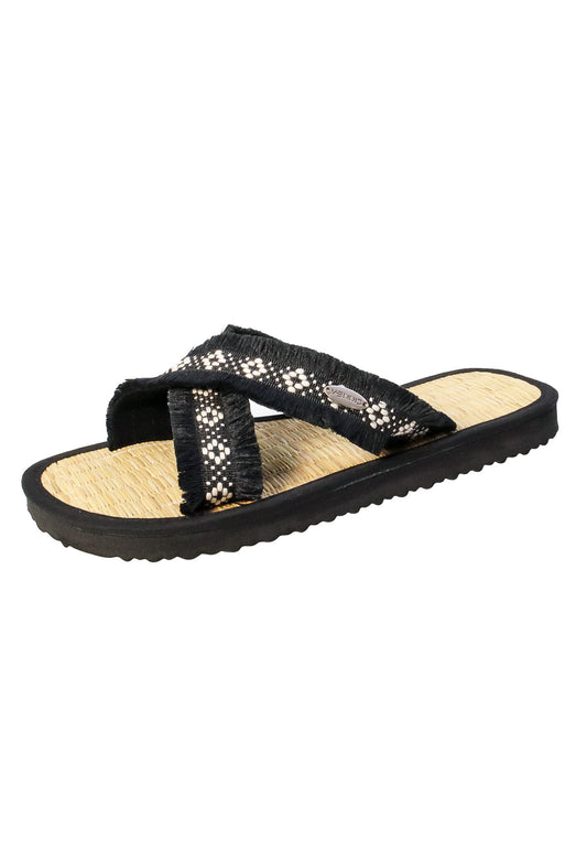 Sandalen mit schwarzen Kreuz-Riemen, Binsen Innensohle und schwarzer Außensohle
