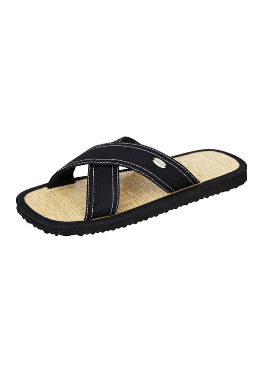 Sandale mit schwarzen Riemen und Binsen-Innensohlen
