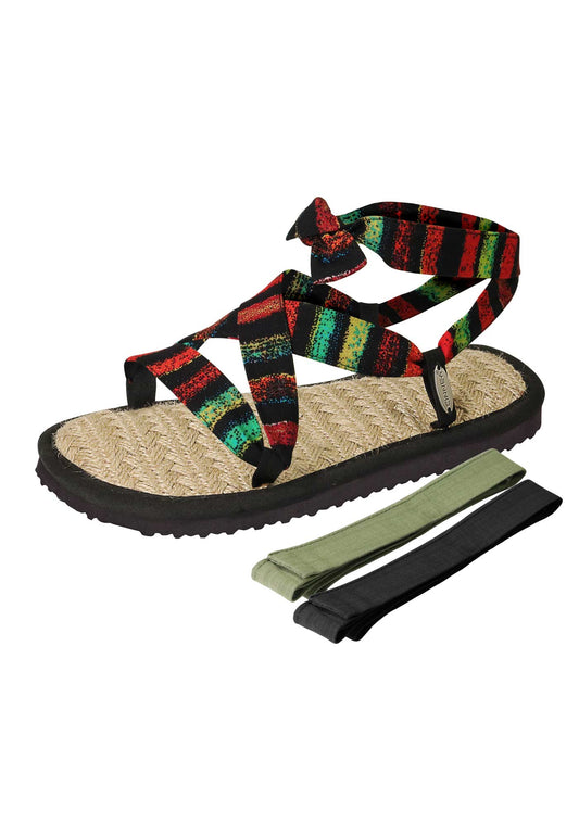 Sandale mit verstellbaren Riemchen aus buntem Stoff und Innensohle aus Jute, mit 2 zusätzlichen Riemen in pastelgrün und schwarz