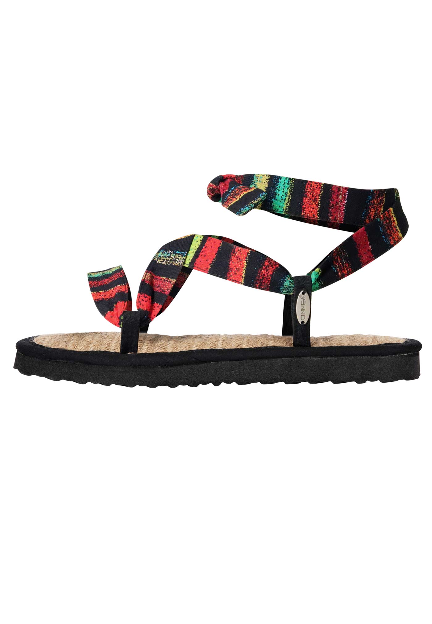 Sandale mit verstellbaren Riemchen aus buntem Stoff und Innensohle aus Jute, von der Seite