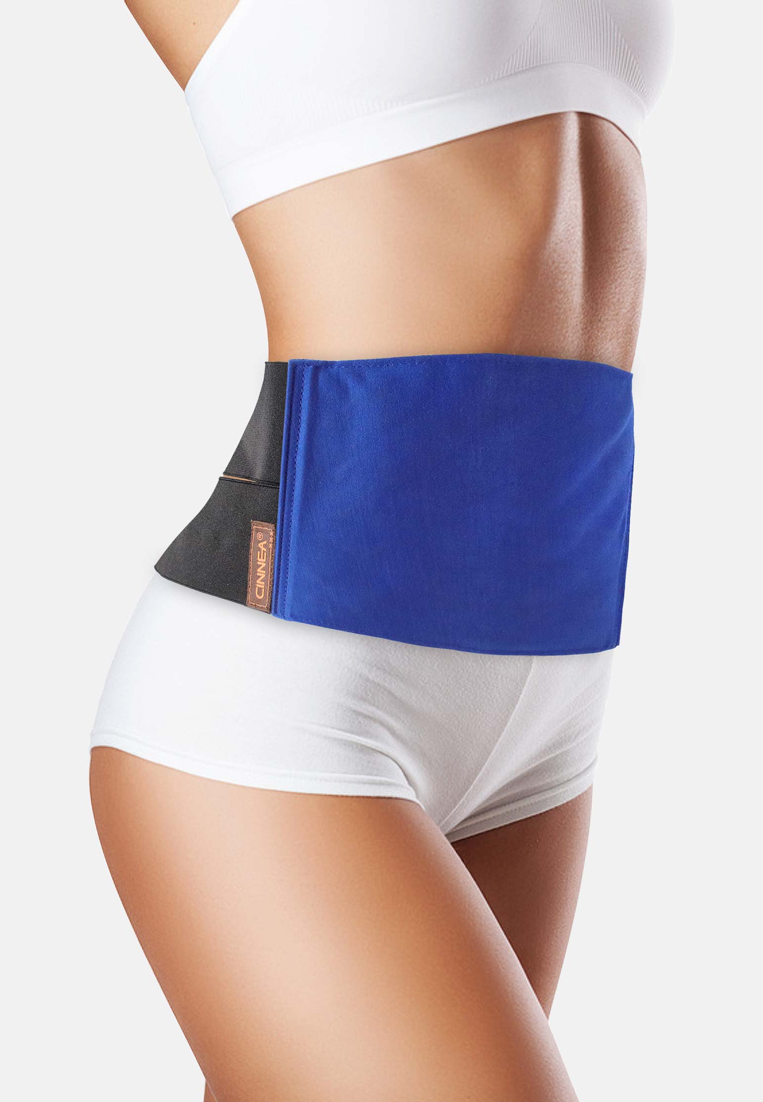 Blauer BAUCH & RÜCKENGÜRTEL, getragen von einem weiblichen Moell
