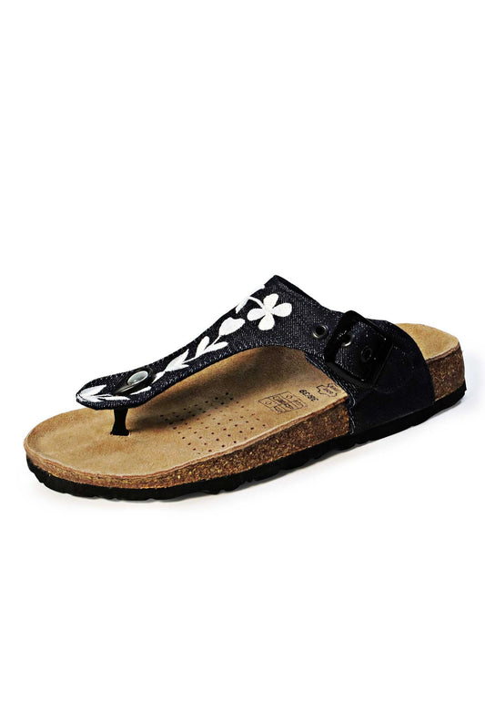 Pantolette mit Jeans-Riemen und Blumenmuster, braunem Fußbett und schwarzer Außensohle