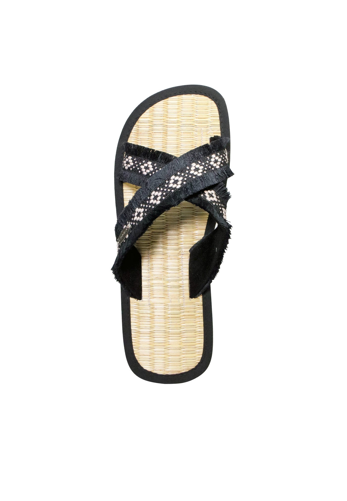 Sandalen mit schwarzen Kreuz-Riemen, Binsen Innensohle und schwarzer Außensohle