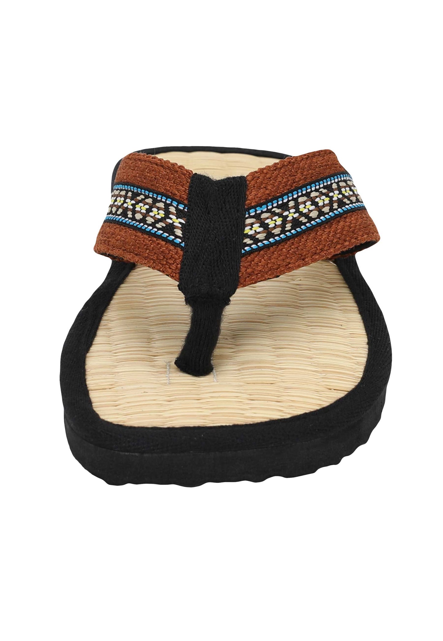 Zehentrenner mit braunen Riemen und Binsen-Innensohle, Vorderseite