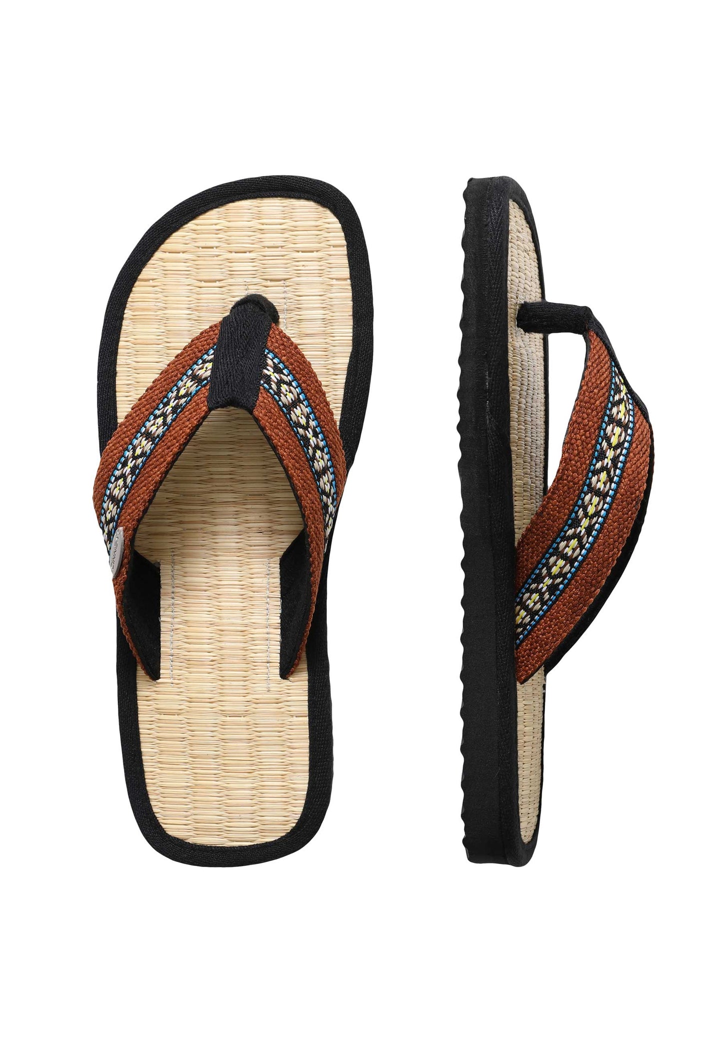 Zehentrenner mit braunen Riemen und Binsen-Innensohle, Vorderseite und an der Seite